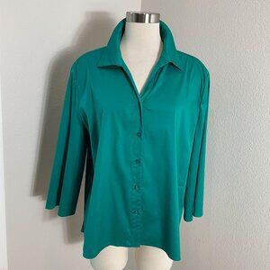 NEW Chicos Womens 16 Ceramic Green 3/4 Sleeve Solid Cape Poplin Shirt‎ Button Up